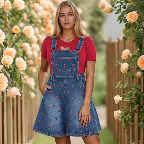 HELL BUNNY Strawberry Denim Pinafore Dress Pinup Novelty Embroidered Size M - Picture 2 of 11